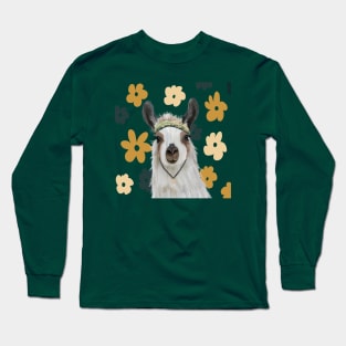 Boho Llama on Retro Green Flowers Long Sleeve T-Shirt